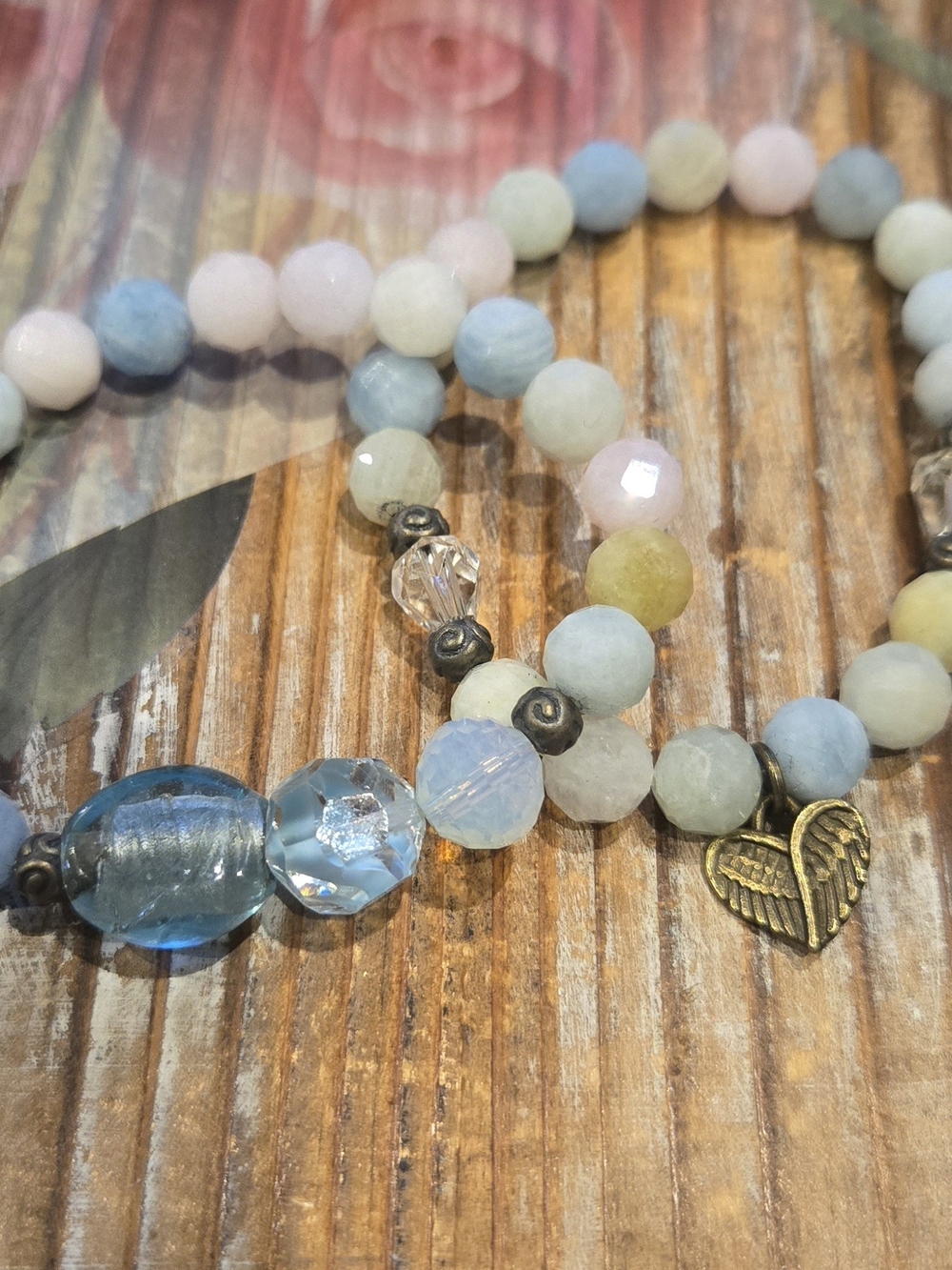 Boho Pastel Beaded Stretch Bracelet with Antique Gold Heart Charm